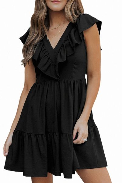 

black ruffle trim v neck smocking back mini dress 34o0#, Black;pink