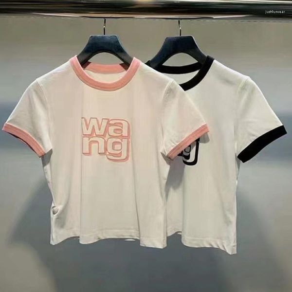 

spring and summer slim fit color matching short sleeved t-shirt three-dimensional letter round neck print top, White