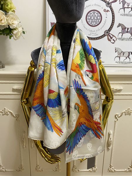 

women's square scarf scarves shawl 100% silk material beige pint bird pattern size 130cm - 130cm, Blue;gray