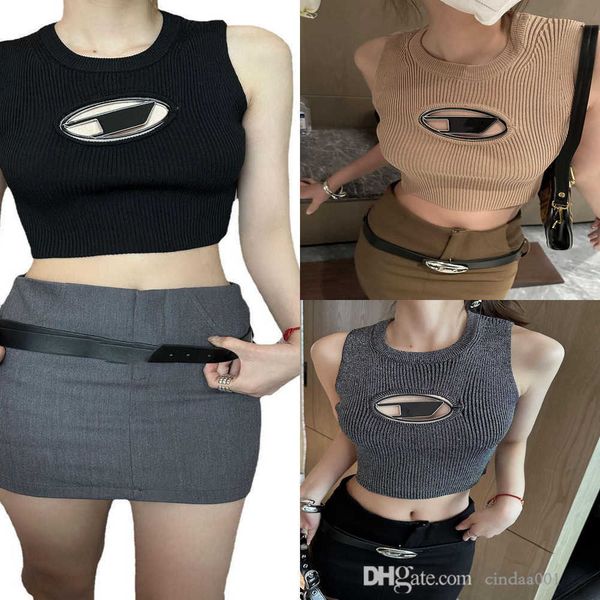

designer womens t shirt ribbed plain cut out letter metal knitted sleeveless crop tank vest camisoles, White