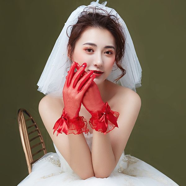 

st-0034-a bow knot sun protection, simple, thin, elegant, short wedding gloves, bride's white lace studio wedding dress accessories