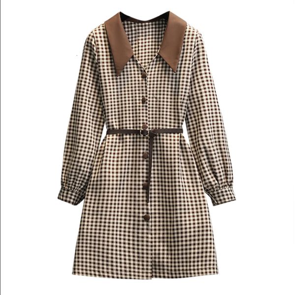 

plus size dresses zoki size women elegant belt tunic a line plaid mini high waist spring long sleeve vintage female vestidos 230517, Black