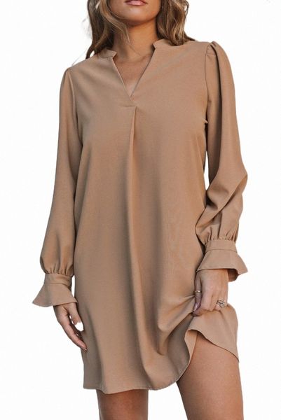 

apricot split v neck ruffled sleeves shirt dress s91j#, Black;pink
