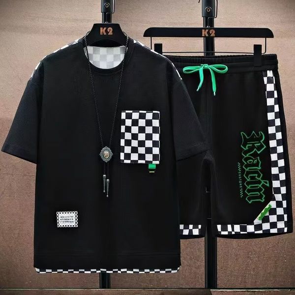 

men s tracksuits 5xl setelan olahraga pria besar kaus fashion high street korea celana pendek set dua potong retro baru leher atasan pakaian, Gray