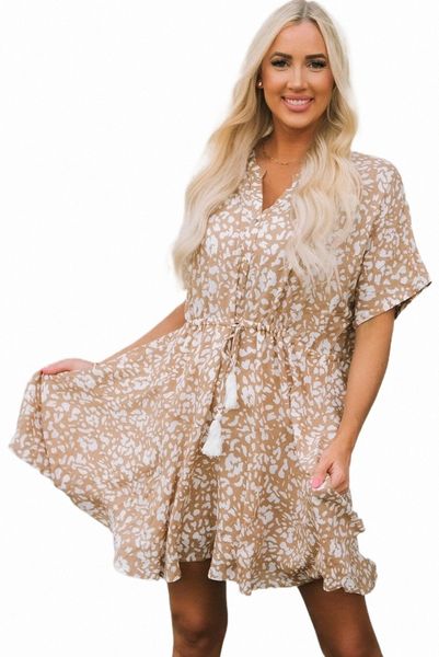 

pink printed tassel drawstring button v neck mini dress e8nz#, Black;pink