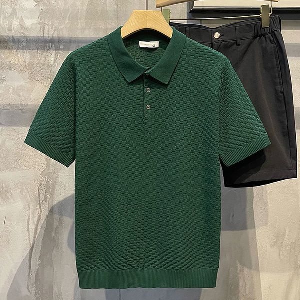 

men's polos 2023 light luxury casual knit polo shirt solid color plaid texture lapel breathable loose leisure tshirt summer 230517, White;black