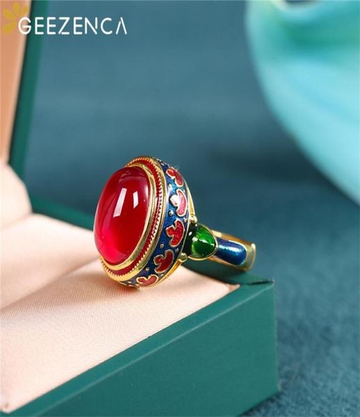 

geezenca s925 silver gold plated red corundum enamel color women039s ring cloisonne vintage trendy open rings fine jewel 2202163152558, Slivery;golden