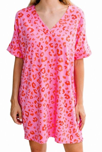 

pink leopard print v neck shift t-shirt dress h1p9#, Black;pink