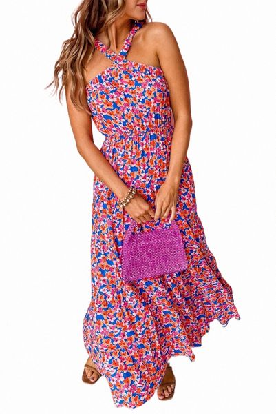 

red floral halter maxi dress 2023 new 2023 new k3ba#, Black;pink