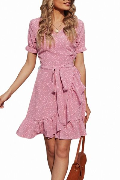 

pink bohemian dotted print wrap v neck ruffled mini dress s2a7#, Black;pink