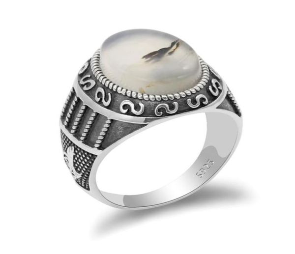 

original 925 sterling silver men ring with big natural aagte stone ring vintage style for male women turkish handmade jewelry2140112, Golden;silver