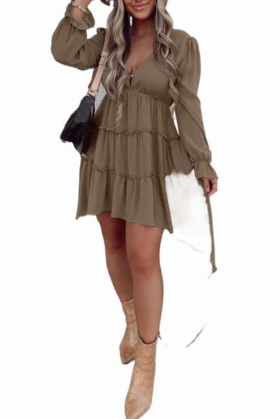 

khaki tiered ruffled high low long sleeve dress 16lq#, Black;pink