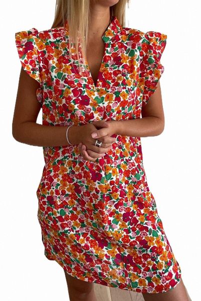 

red ruffle sleeve v-neck floral dress 2023 new d6jp#, Black;pink