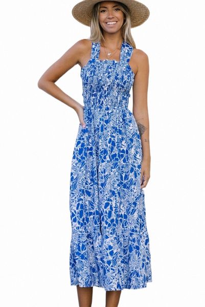 

blue floral print smocked criss cross tie back midi dress z7t5#, Black;pink