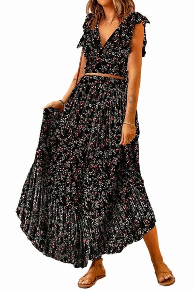 

black multicolor floral ruffled crop and maxi skirt set 56wv#, Black;pink