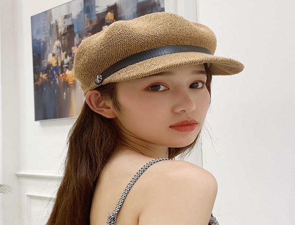 

summer octagonal caps short brim newsboy cap breathable straw hats for women belt buckle sun beach hat berets chapeau homme bone q4705060, Blue;gray