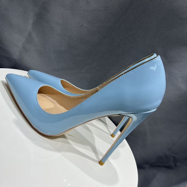 

basic light blue patent leather red sole shoes women pointy toe high heels solid color ladies christian red bottoms slip on dress shoes part, Black