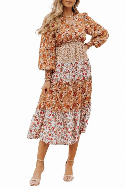 

orange mix floral patchwork frill tiered dress d7mt#, Black;pink