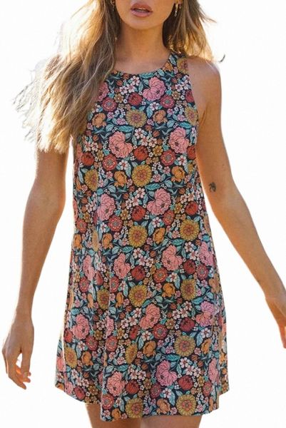 

multicolor vintage floral print keyhole back sleeveless mini dress b51u#, Black;pink
