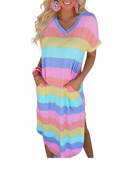 

multicolor striped side split pockets v neck t shirt midi dress b3cl#, Black;pink