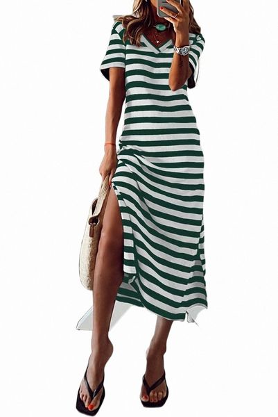 

green stripe print v neck maxi dress with side splits k6we#, Black;pink