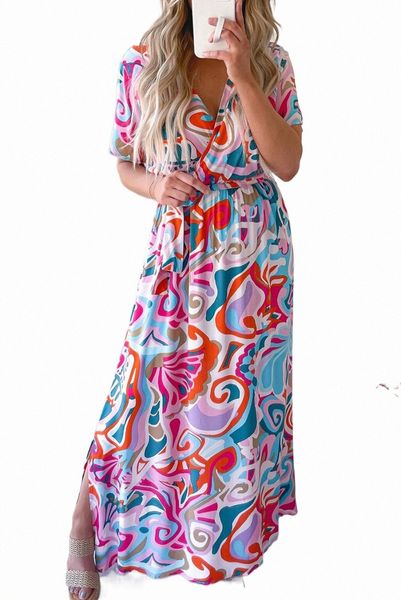 

multicolor abstract printed wrap v neck belted maxi dress 75wt#, Black;pink