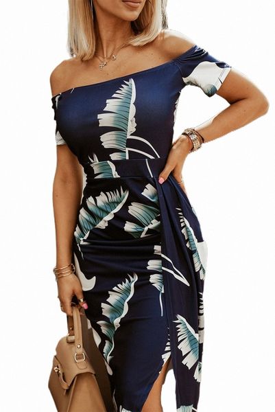 

dark blue floral print short sleeve off shoulder dress b0m2#, Black;pink
