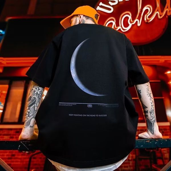 

men s t shirts kaos lucu setengah bulan oblong cetak grafis lengan pendek ukuran besar pria atasan katun hip hop musim panas baju streetwear, White;black
