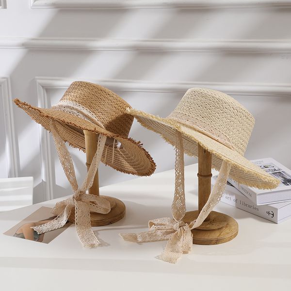 

wide brim hats bucket fashion straw hat for women long ribbon ladies beach dress up girls summer sun visor caps 230517, Blue;gray