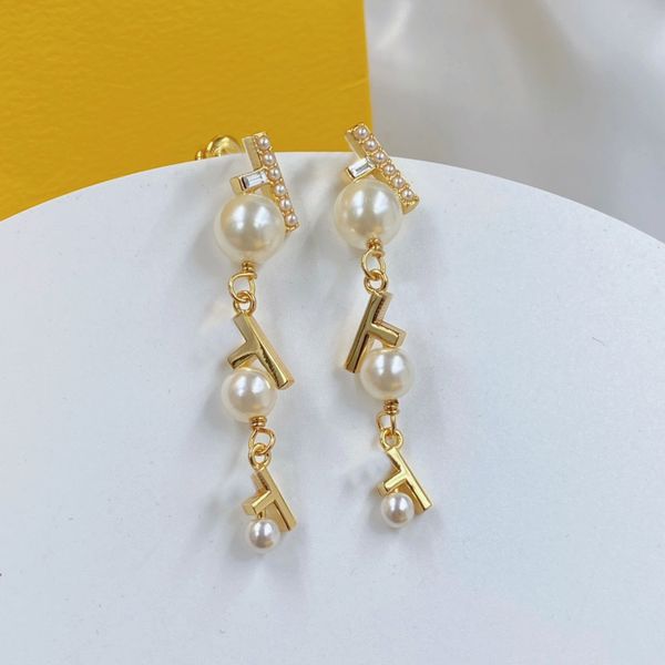 

luxury brand designer earrings pearl diamond long earrings dangle earrings letter f wedding earrings for women, Golden;silver