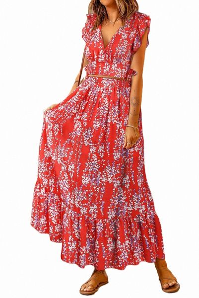 

red multicolor floral ruffled crop and maxi skirt set l1vw#, Black;pink
