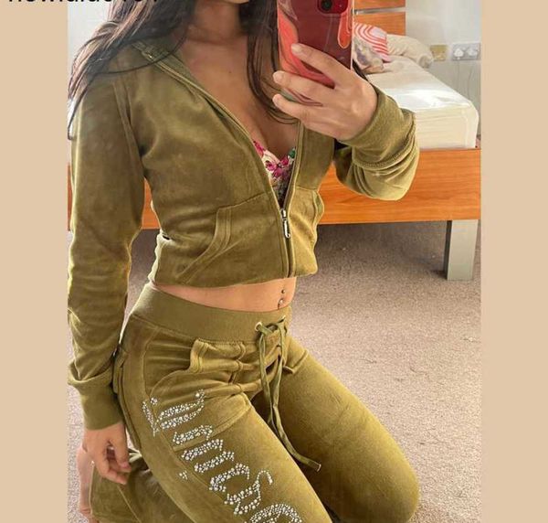 

juicy apple women's tracksuits 2023 summer brand sewing 2 piece sets velvet velour women track suit hoodies and pants met new high end, White