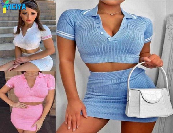 

yiciya two piece dress short sleeve casual bodycon outfits button crop knitting ribbed fashion women skirt coord set, White