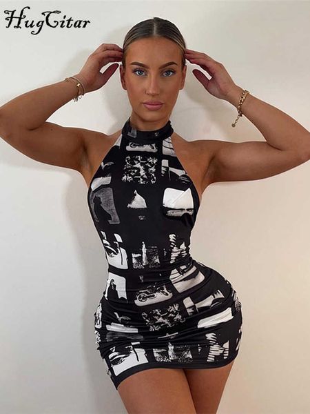 

rukas vintage print halter sleeveless backless slim bodycon mini dress 2023 summer y2k outfit streetwear nightclub biker, White;black