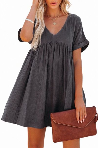 

gray roll up short sleeve v neck babydoll mini dress v49w#, Black;pink