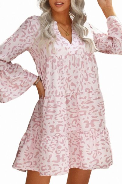 

pink leopard print v neck ruffle swing mini dress r1u5#, Black;pink