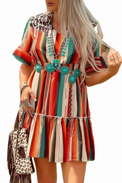 

serape striped leopard mini dress 2023 new k4zo#, Black;pink