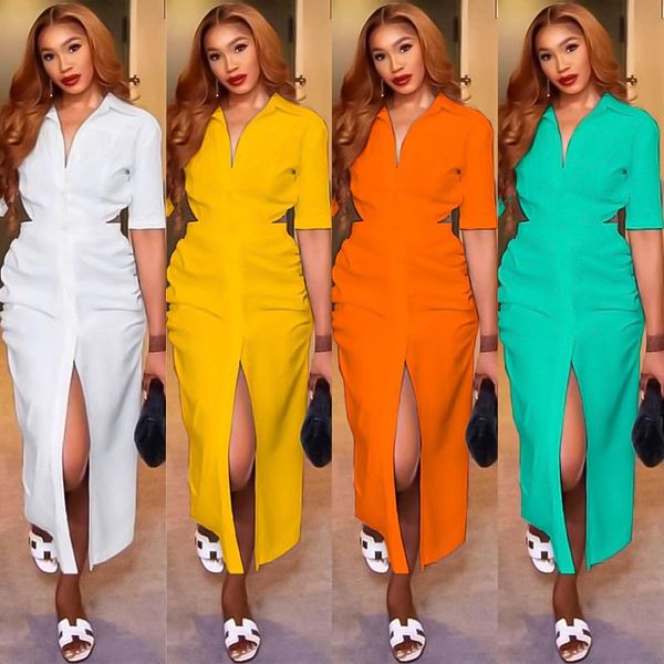 

dresses women's dresses 2022 summer new large size solid color single breasted waist hollow lapel shirt dress long ing, Black;gray