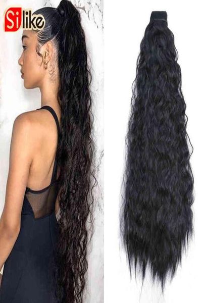 

silike water wave wrap synthetic clip in ponytail hairpiece with hairpins 24 inch drawstring ponytail 110gpack african american 21946947, Black;brown