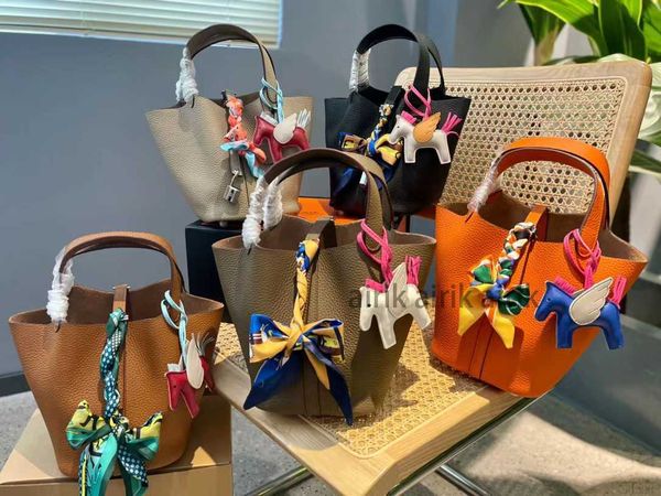 

vegetable basket bags picotin lock female genuine leather 2023 first layer cowhide handbag large capacity bucket bag brand tote luxur3g