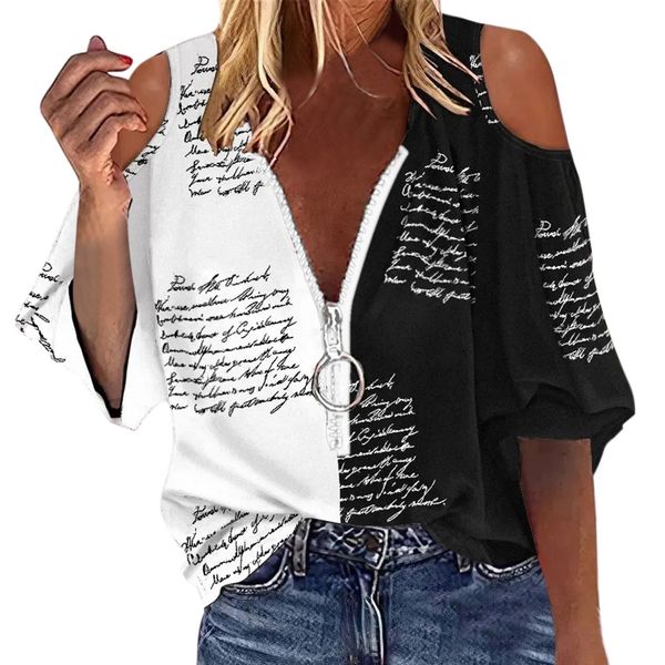 

women's blouses shirts elegant off shoulder women casual letter print v neck zipper patchwork loose long sleeve 230516, White