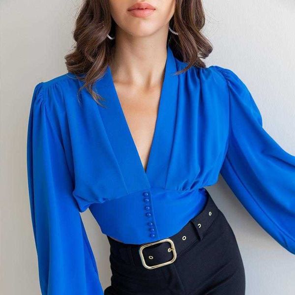 

shirt v neck girl spring and autumn solid color lantern sleeve loose cardigan button for women, White