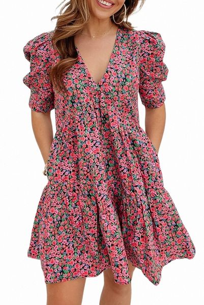 

red vintage puff sleeve side pockets floral dress k1hz#, Black;pink