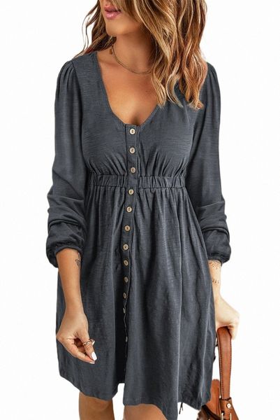 

gray button up high waist long sleeve dress 2023 new 78r1#, Black;pink