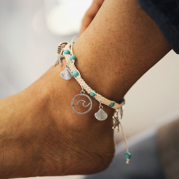 

anklets laut shell starfish liontin gelang untuk wanita menenun di kaki boho bohemian pergelangan rantai perhiasan 230517, Red;blue