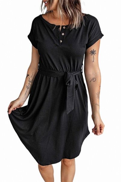 

buttons crewneck lace-up high waist mini dress y9jf#, Black;pink