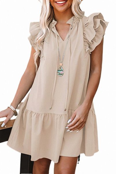 

beige tiered ruffled sleeves mini dress with pockets d8hp#, Black;pink