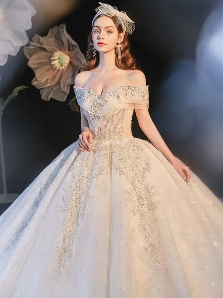

elegant luxury wedding dresses boat neck classic lace beading sequins backless off the shoulder princess wedding bridal gown new, White