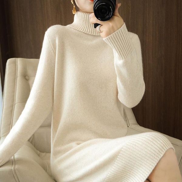 

dresses 2021 new wool dress wild thick knit turtleneck sweater autumn winter women's base shirt large size cashmere pullover long skirt, Black;gray