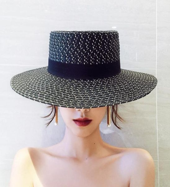 

black and white flat straw hat women elegant fashion beach seaside vacation sunshade sun protection panama wide brim hats5606704, Blue;gray